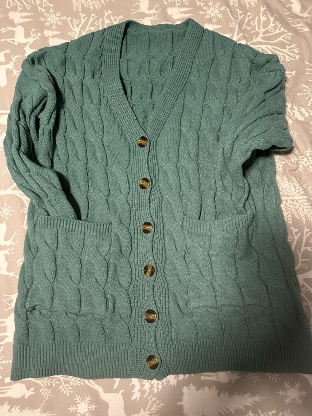 Classic Cable-Knit V-Neck Cardigan Sweater - Teal Green